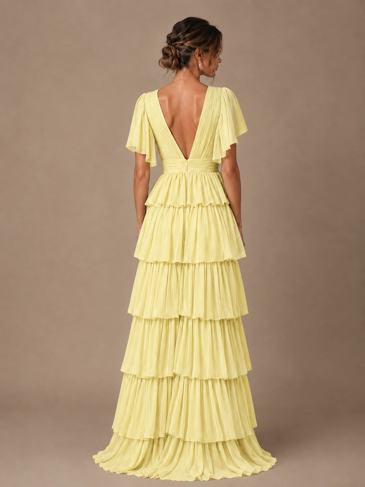 Chiffon V-Neck Tiered Ruffle Bridesmaid Dress with Slit