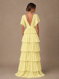 Chiffon V-Neck Tiered Ruffle Bridesmaid Dress with Slit