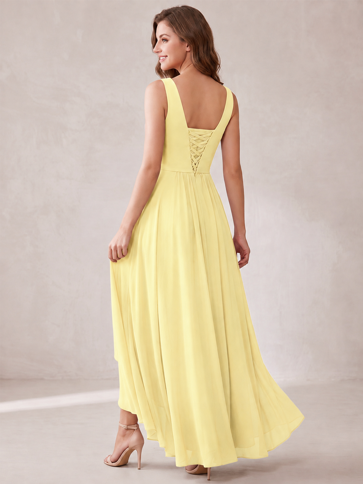 V-Neck High-Low Chiffon Bridesmaid Dress with Ruffles