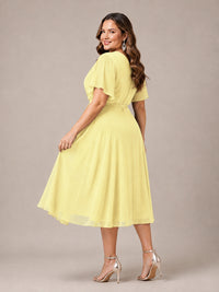 Navy Blue A-Line V-Neck Tea-Length Mother of the Bride Dress