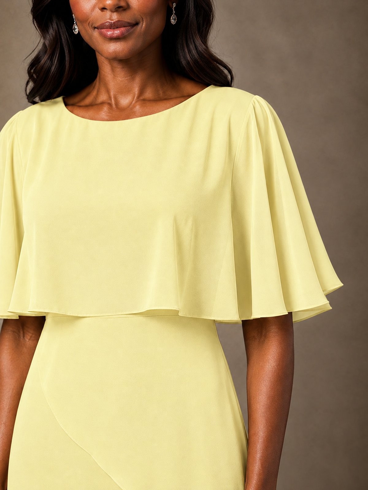 Taupe Chiffon A-Line Mother of the Bride Dress with Cape Sleeves