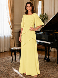 Asymmetric Draped Chiffon Mother of the Bride Dress with Flutter Sleeves