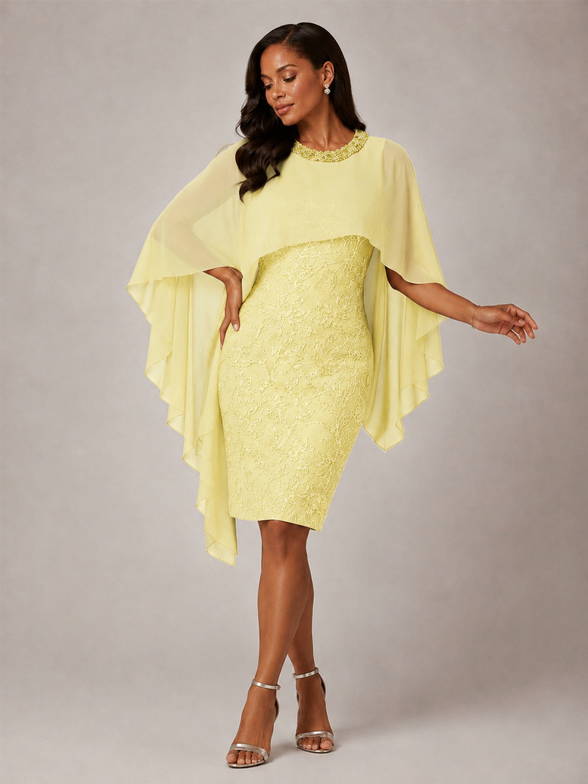 Floral Sheath Mother of the Bride Dress with Cape Overlay
