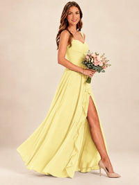Spaghetti Straps Pleated Chiffon Bridesmaid Dress with Ruffle Slit