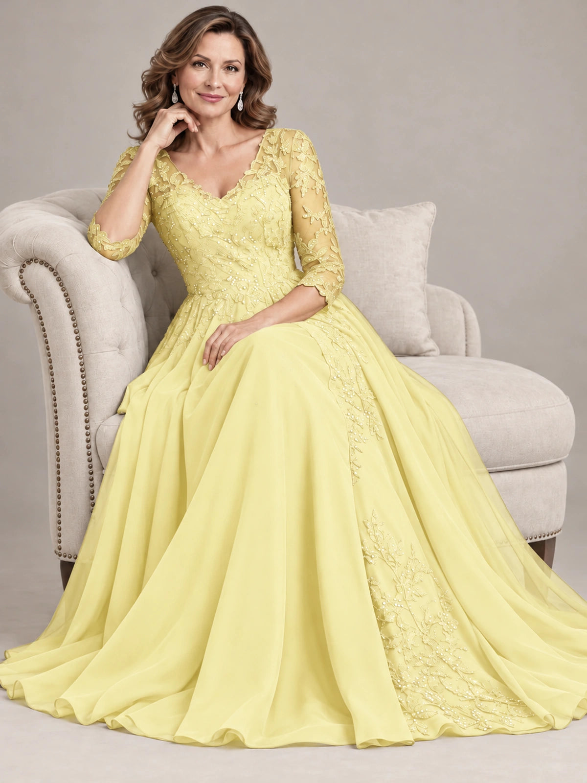 Sequin Lace A-Line Mother of the Bride Dress with 3/4 Sleeves