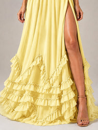 Halter V Neck Chiffon Formal Dress with Lace-Up Back and Ruffle Hem