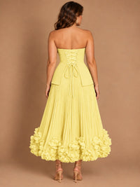 Navy Blue Strapless Pleated A-Line Midi Dress with 3D Floral Applique