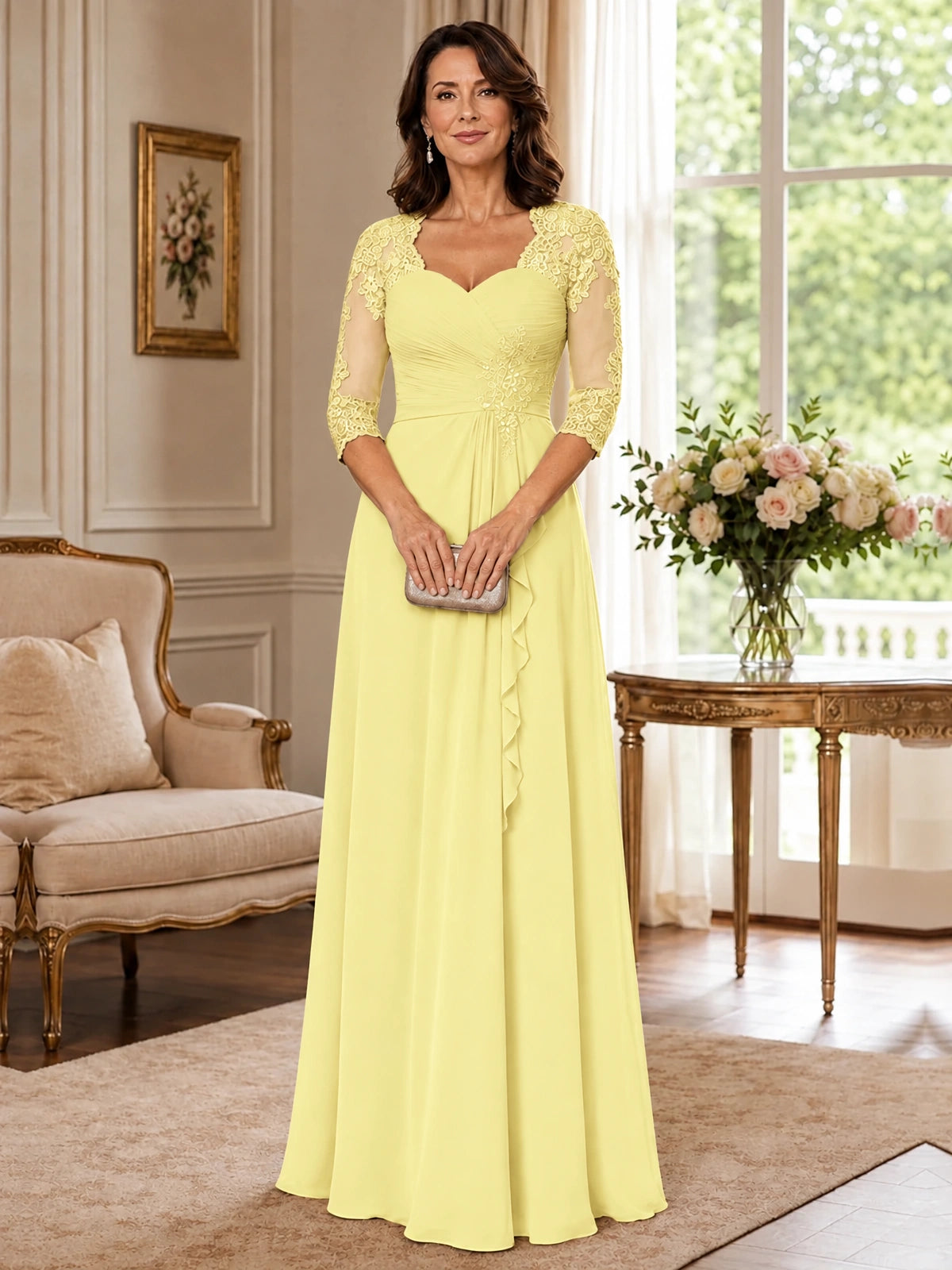 Chiffon Lace Applique Mother of the Bride Dress with 3/4 Sleeves