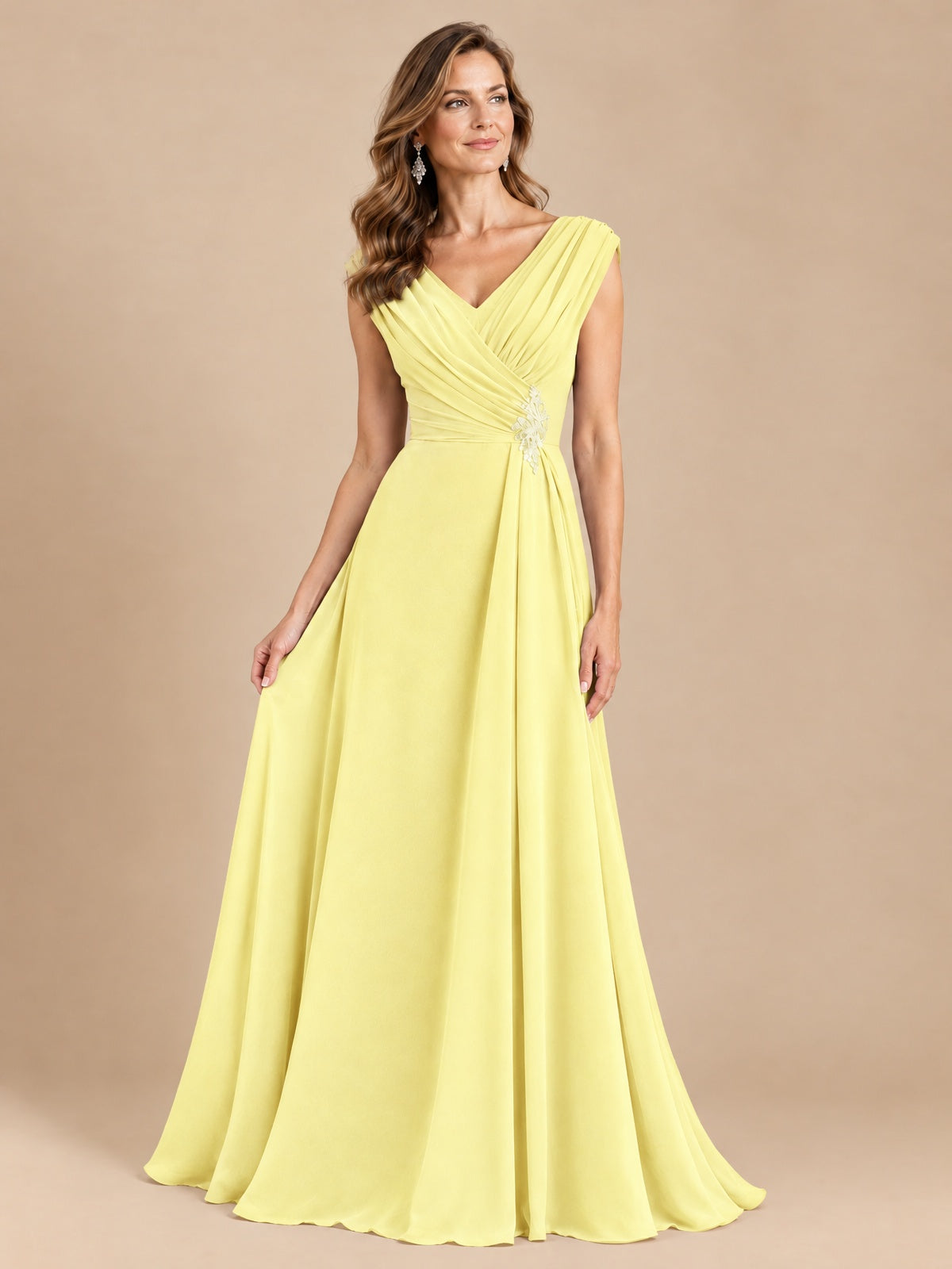 V Neck Pleated Mother of The Bride Dresses with Beading Cap Sleeves