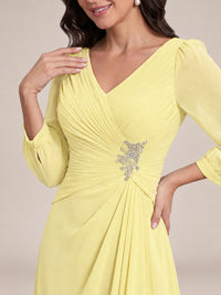 V-Neck Pleated Chiffon Mother of the Bride Dress with Flutter Sleeves