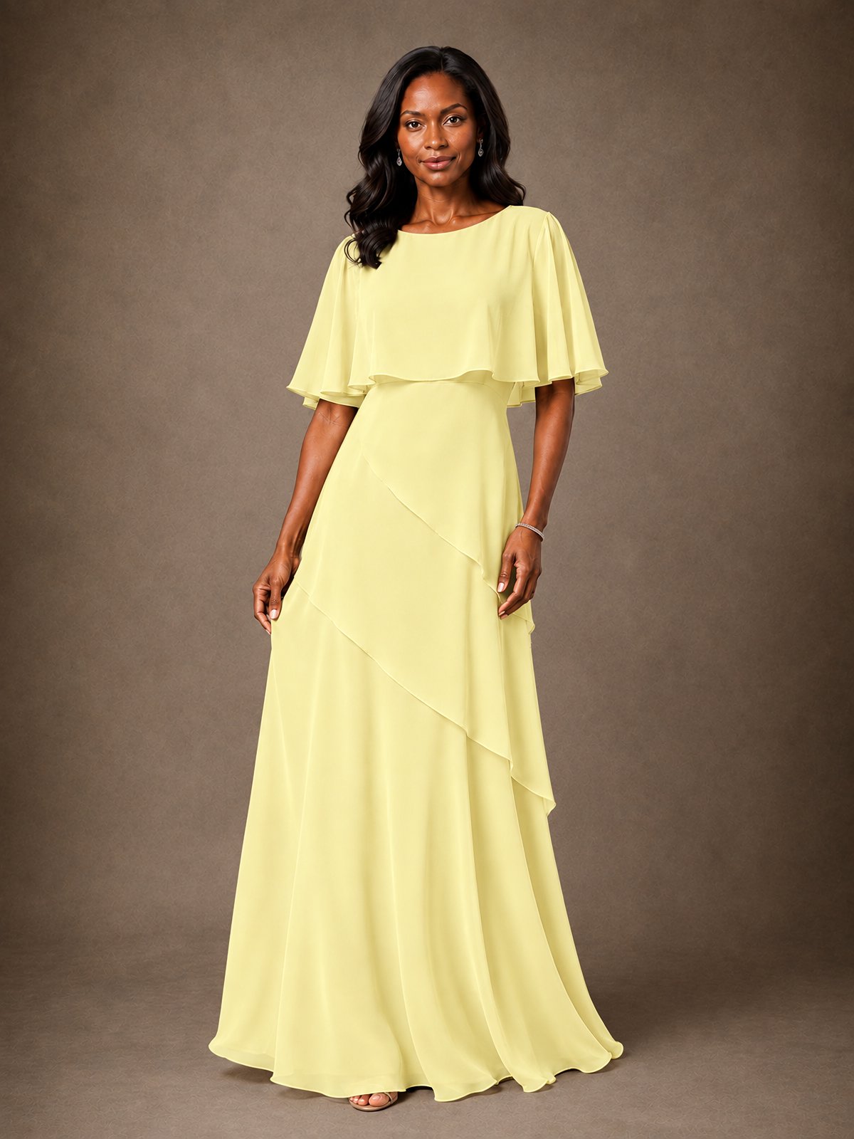 Taupe Chiffon A-Line Mother of the Bride Dress with Cape Sleeves