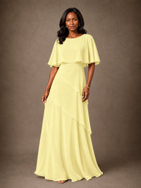 Taupe Chiffon A-Line Mother of the Bride Dress with Cape Sleeves