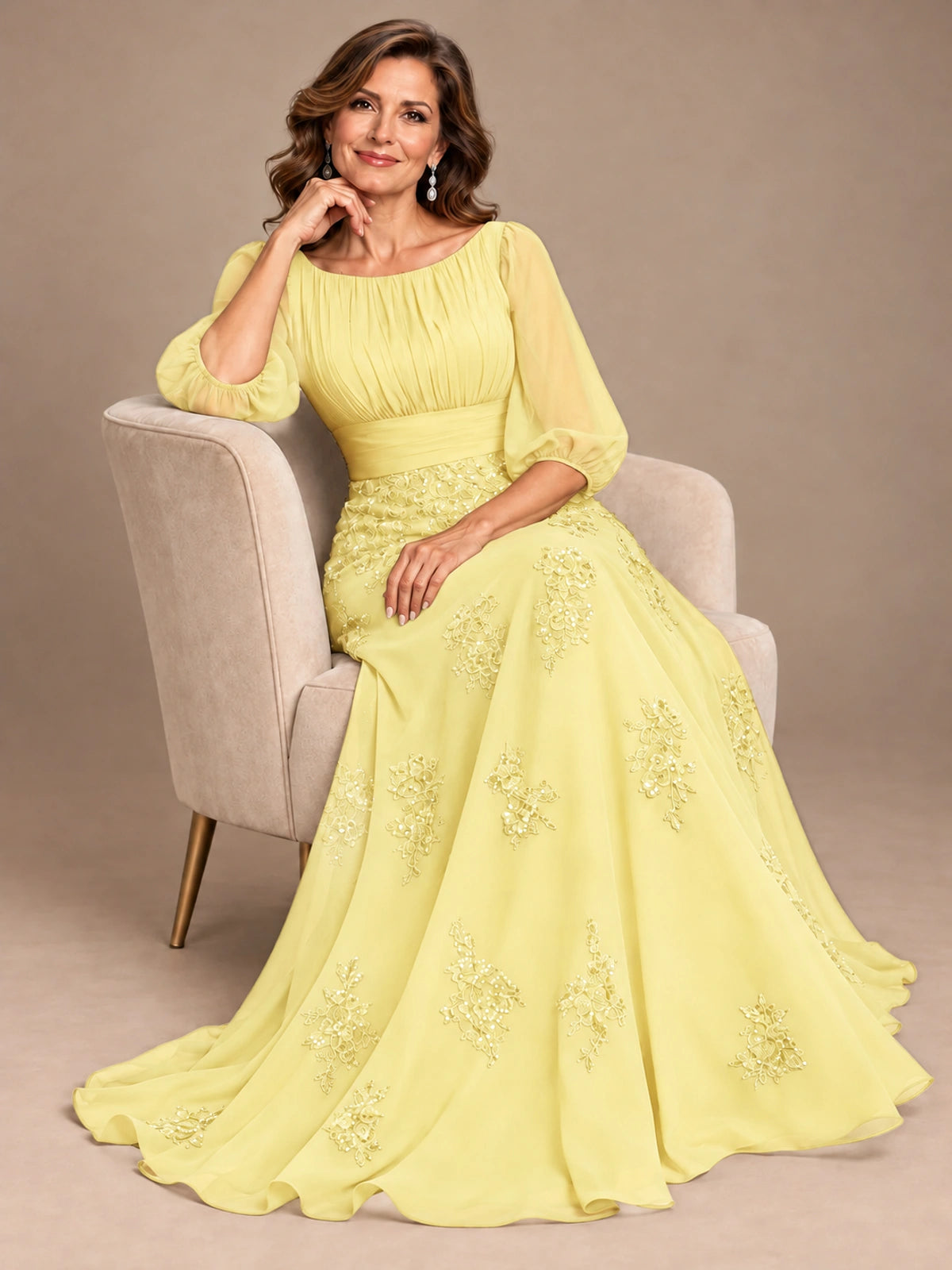 A-Line Mother of the Bride Dress with Sheer Puff Sleeves