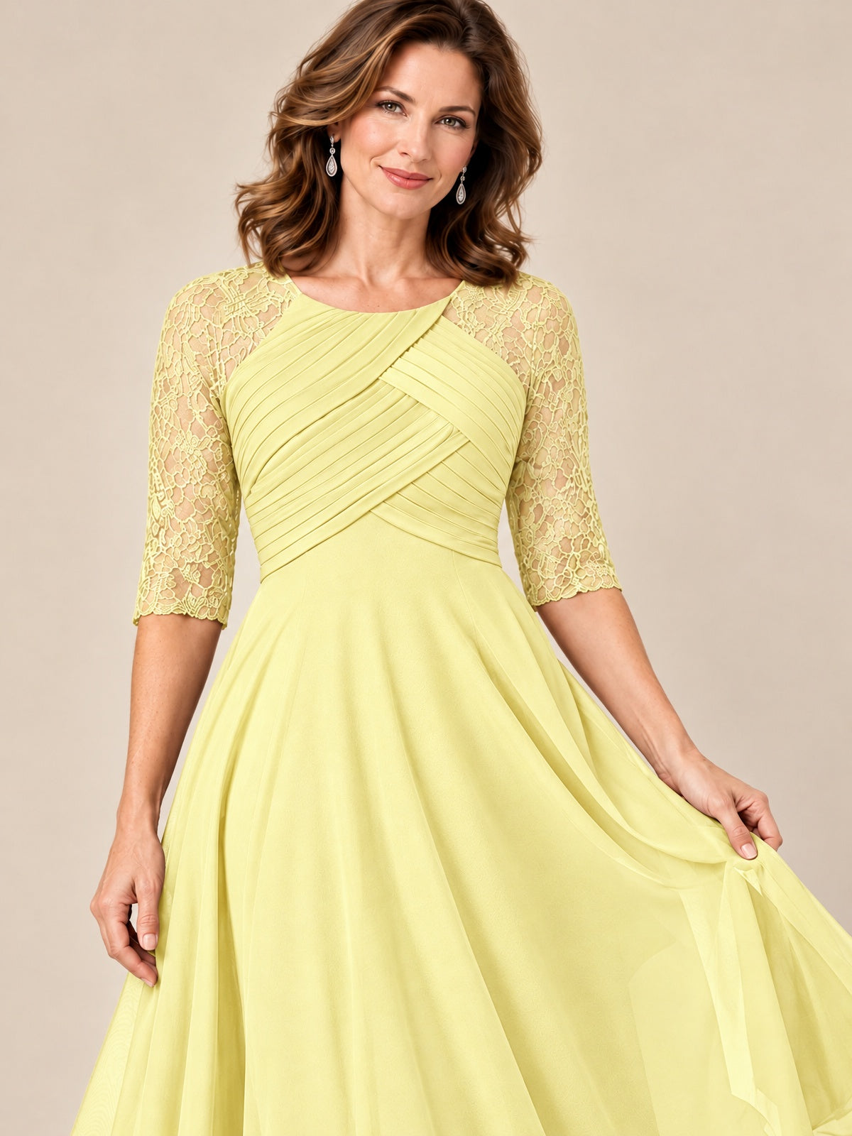 Tea-Length Mother of the Bride Dress with Lace 3/4 Sleeves