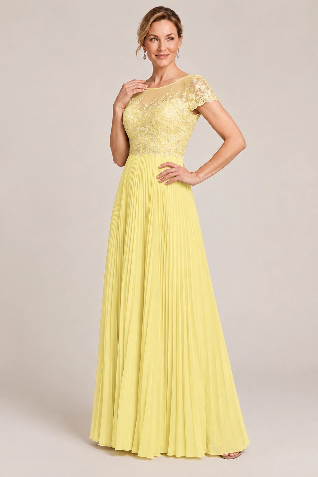 Embroidered Lace Pleated Mother of the Bride Dress