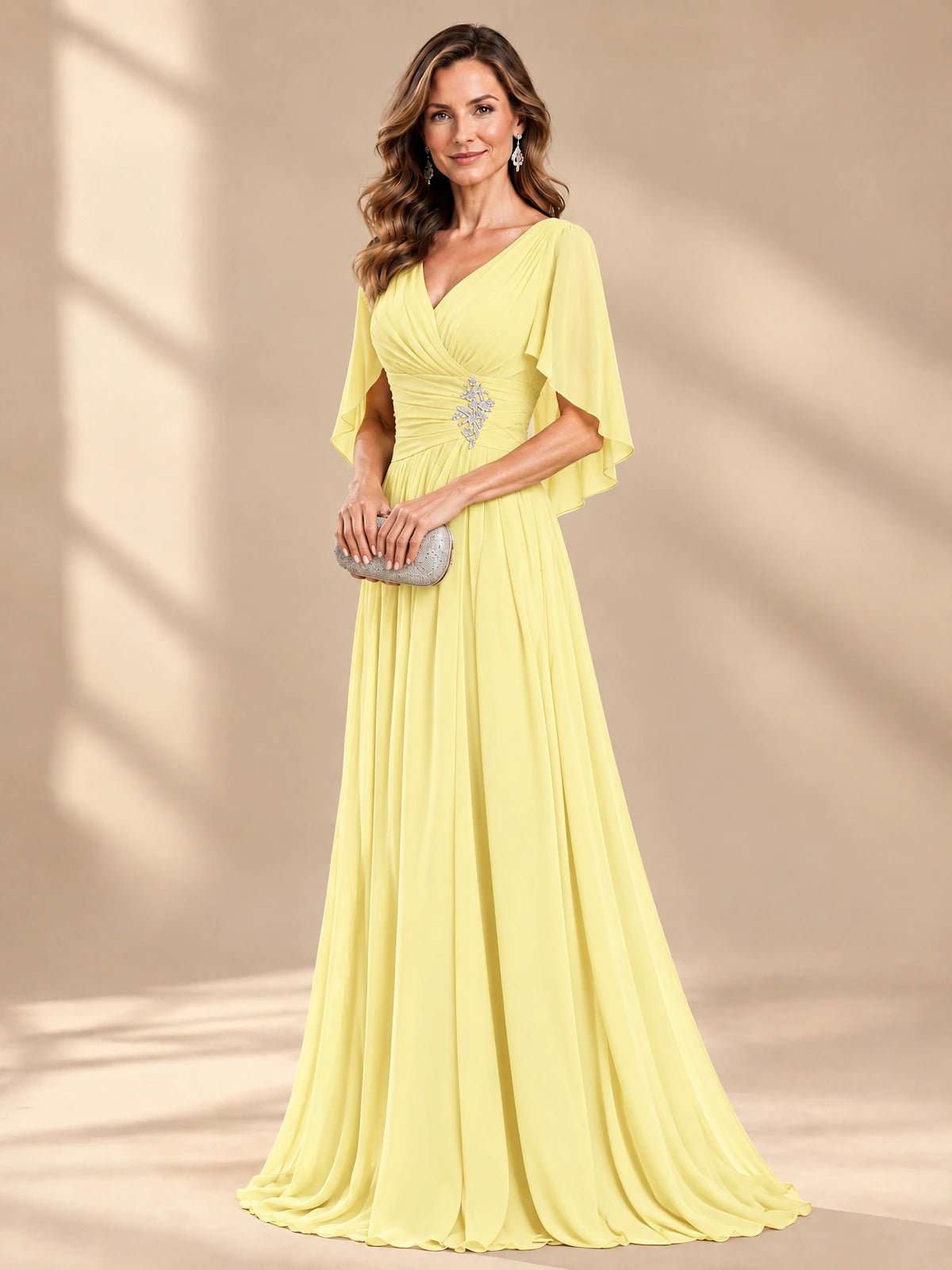 Ruched V Neck Mother of The Bride Dresses with Shawls Appliques and Cap Sleeves