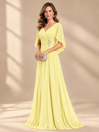 Ruched V Neck Mother of The Bride Dresses with Shawls Appliques and Cap Sleeves