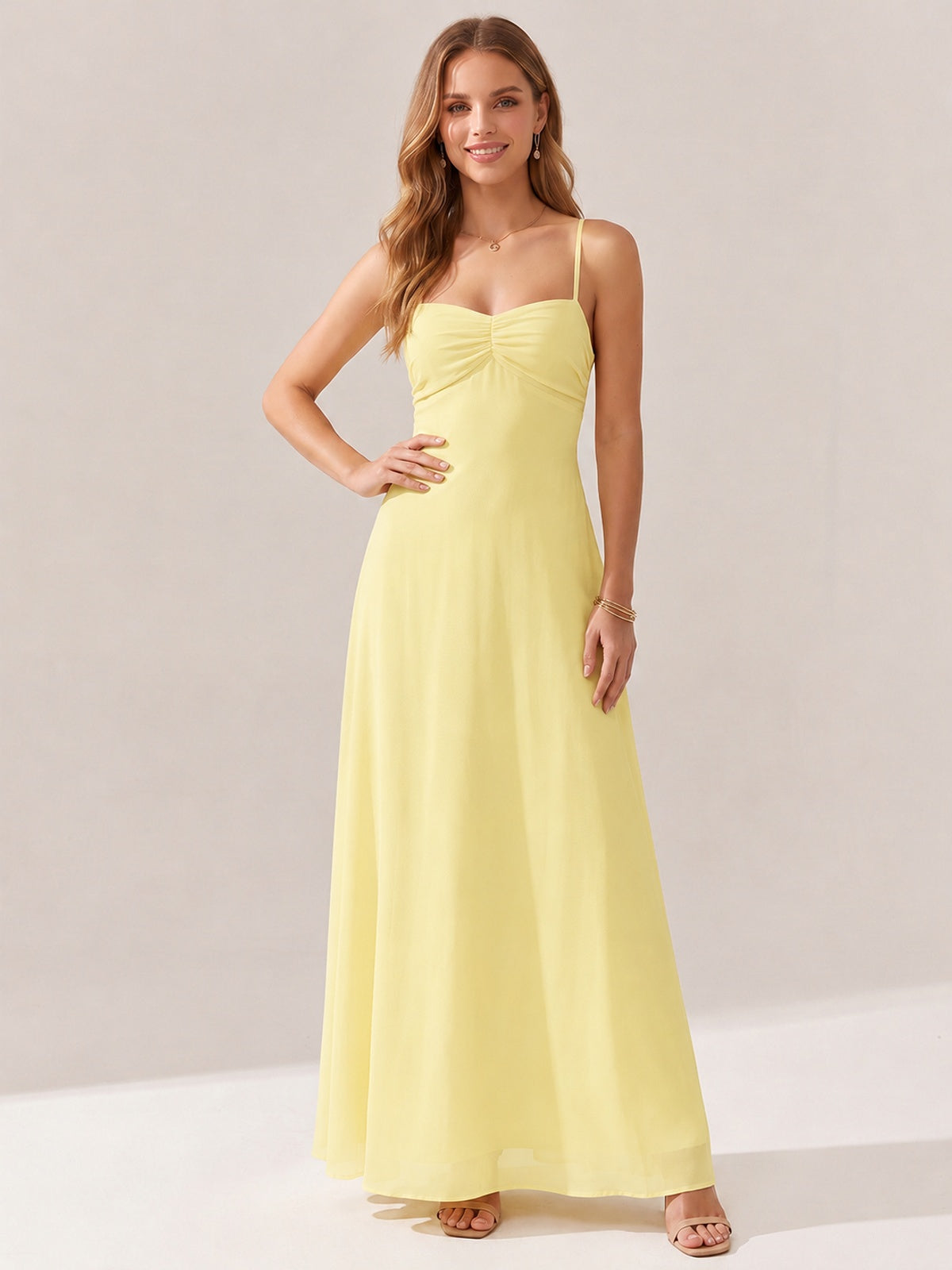 JOVELLEE Yellow Sweetheart Ruched Bust Chiffon Maxi Dress