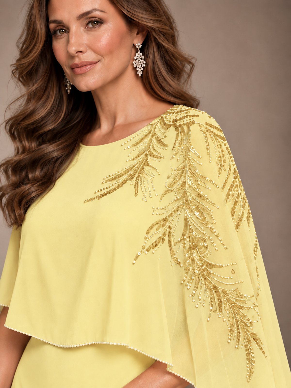 Elegant Chiffon Cape Sleeve Beaded Mother of the Bride Dress