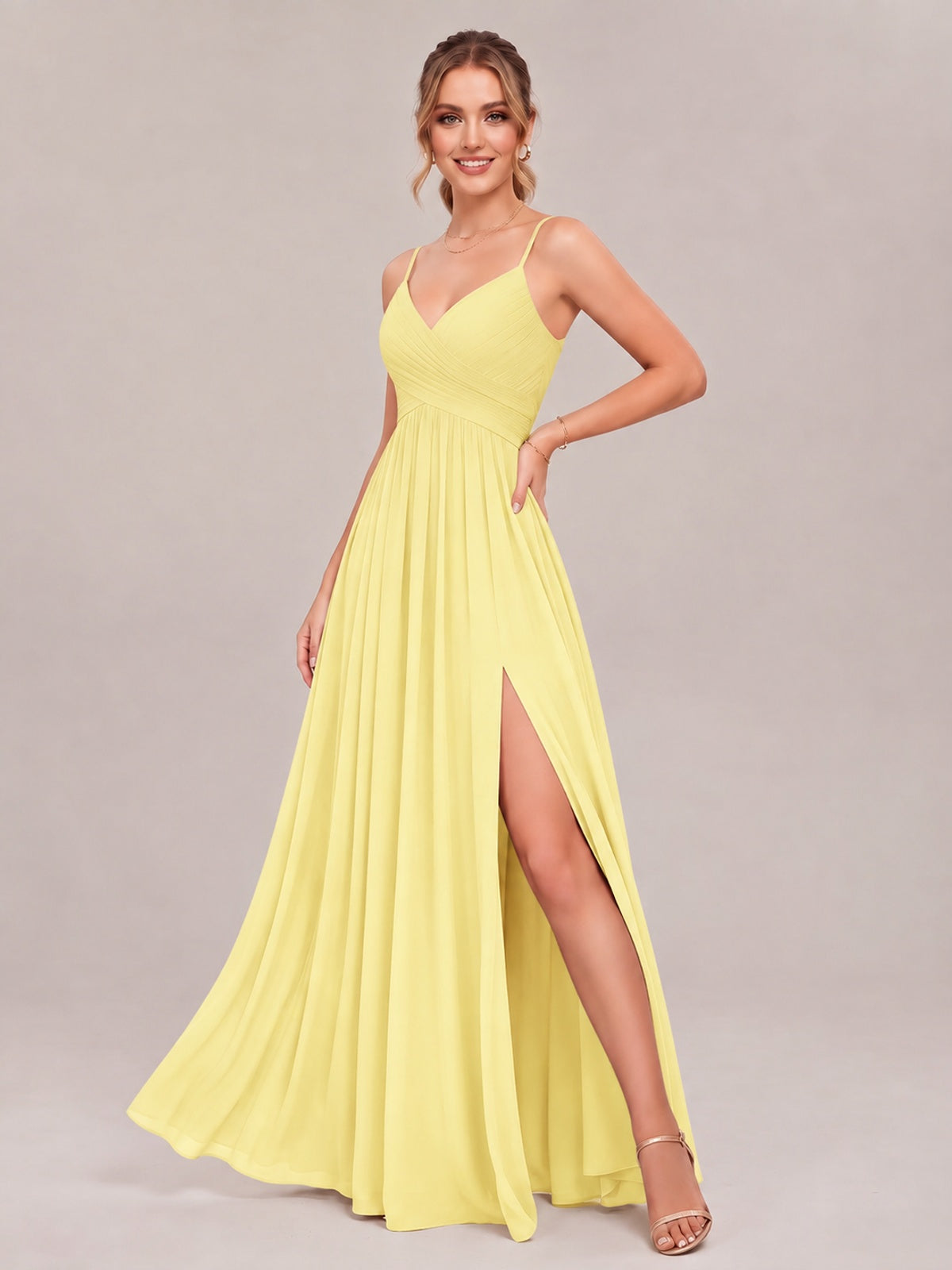 V-Neck Pleated Chiffon Long Bridesmaid Dress with Slit