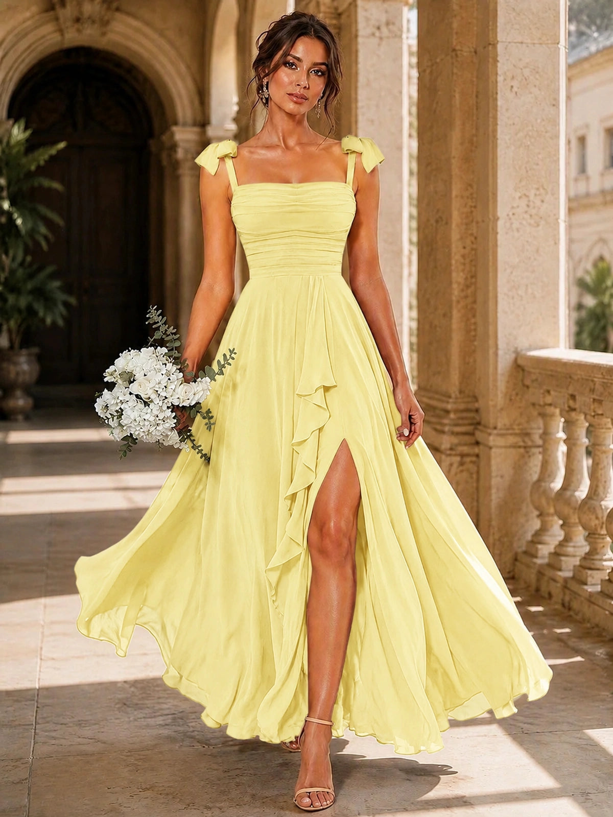 Ruffle Slit Chiffon A Line Scoop Neck Bridesmaid Dresses with Pockets
