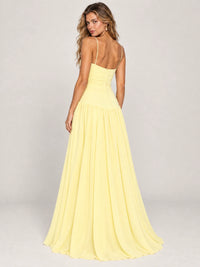 Butter Yellow Ruched Spaghetti Strap Drop-Waist Prom Dress