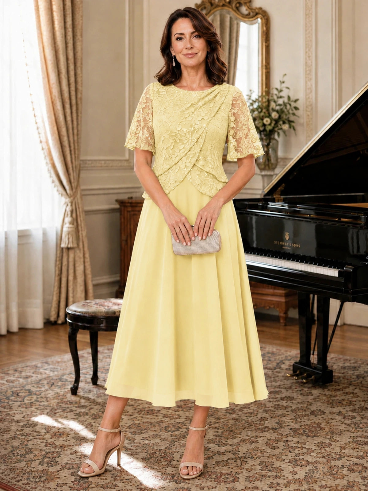 Tea-Length Chiffon Mother of the Bride Dress with Sequin Lace Sleeves