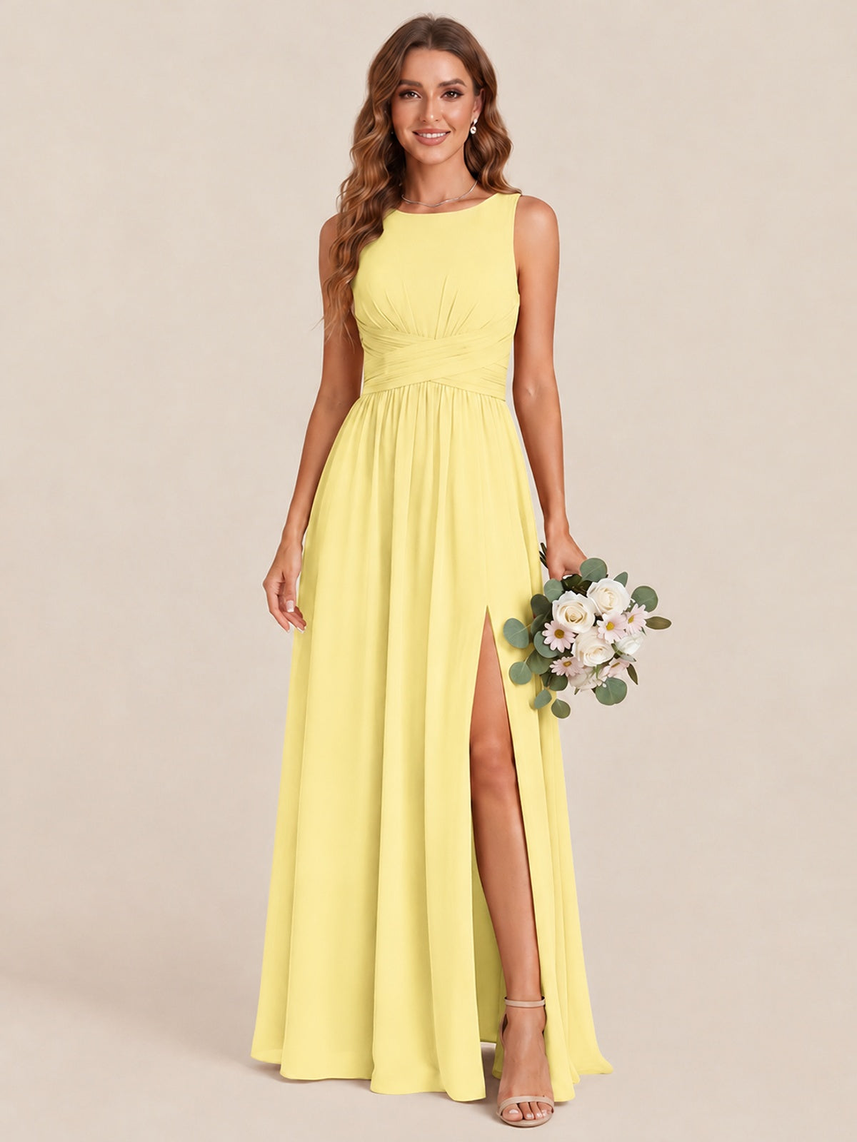 A-line Sleeveless Rucehd Chiffon Bridesmaid Dress with High Slit