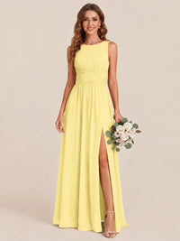 A-line Sleeveless Rucehd Chiffon Bridesmaid Dress with High Slit