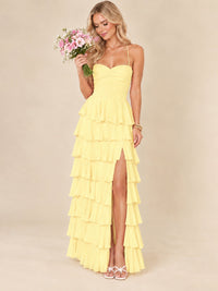 Ruffled Tiered Chiffon Prom Dress Spaghetti Straps Formal Maxi Dress with Slit