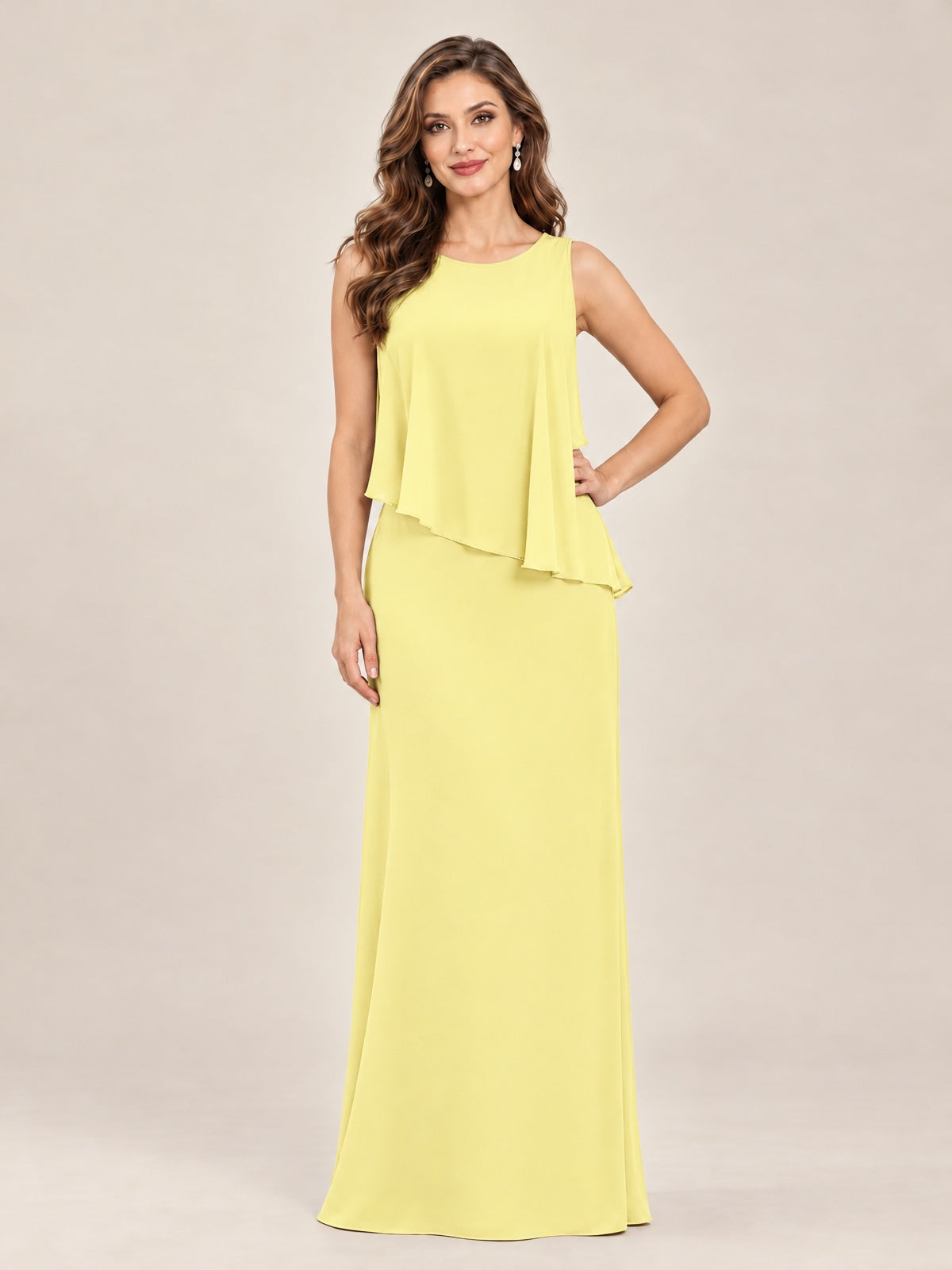 Cape Sleeve Mother of the Bride Dress with Asymmetrical Overlay