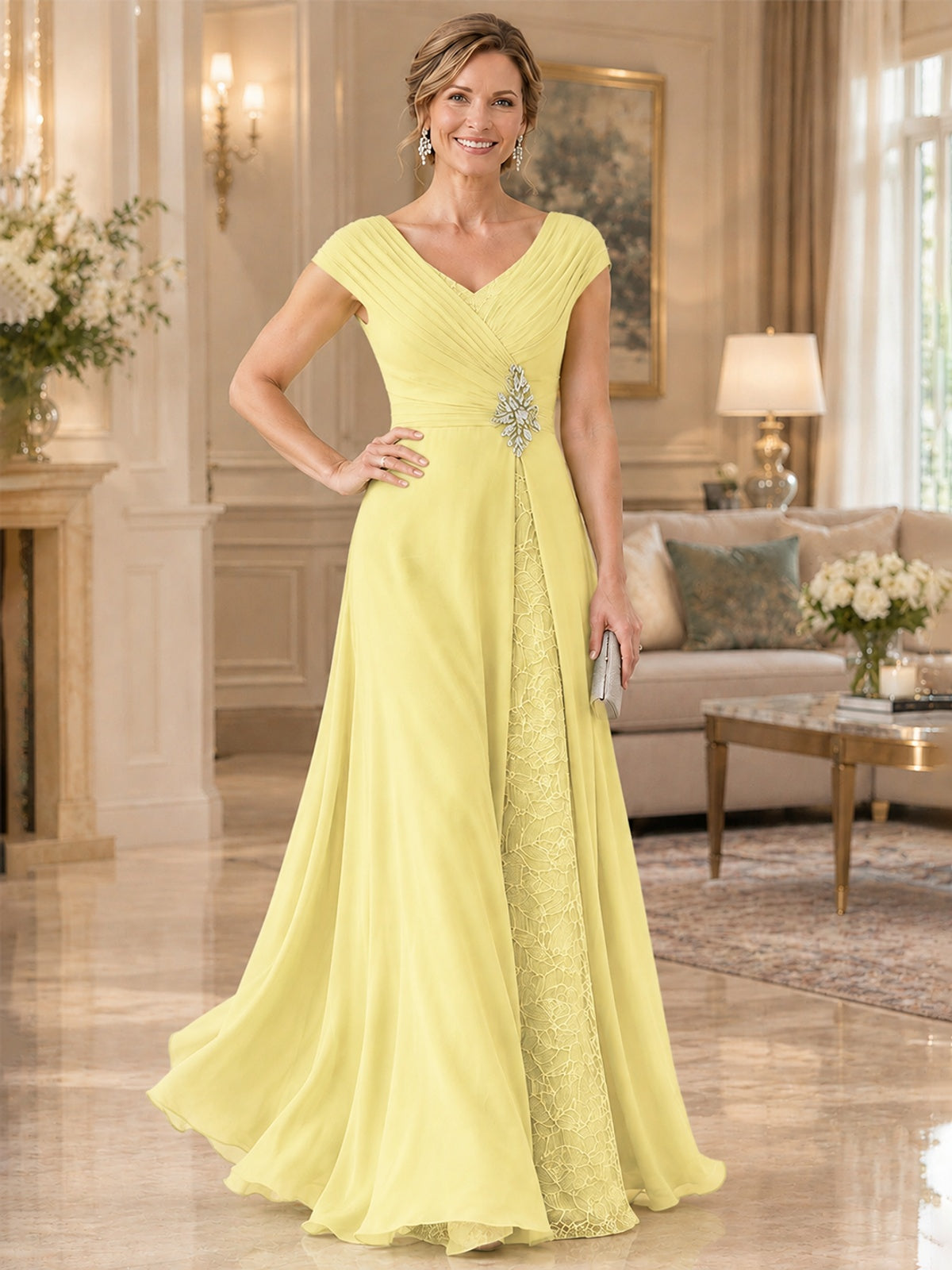 Pleated Chiffon Lace Mother of The Bride Dresses with Beading Cap Sleeves