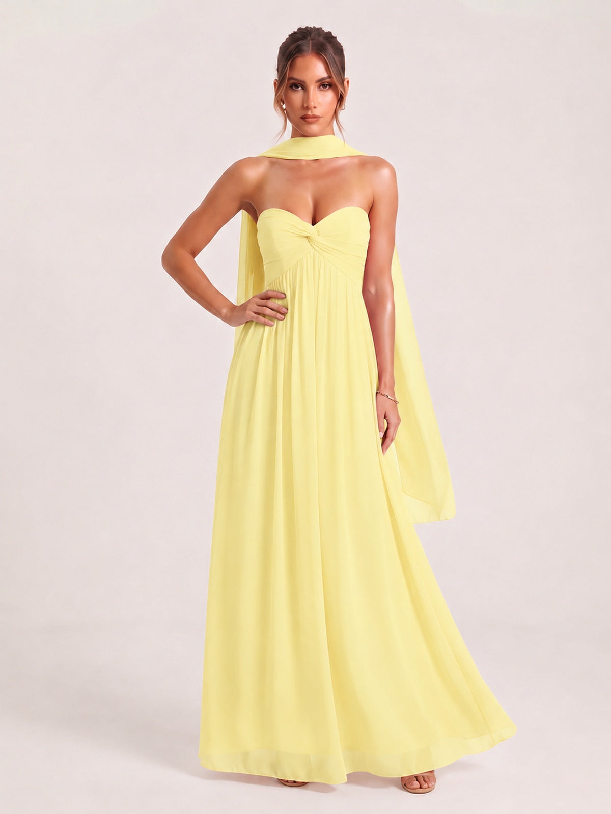 Strapless Ruched Chiffon Long Prom Dress with Scarf