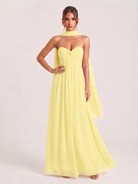 Strapless Ruched Chiffon Long Prom Dress with Scarf