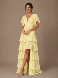 Chiffon V-Neck Tiered Ruffle Bridesmaid Dress with Slit