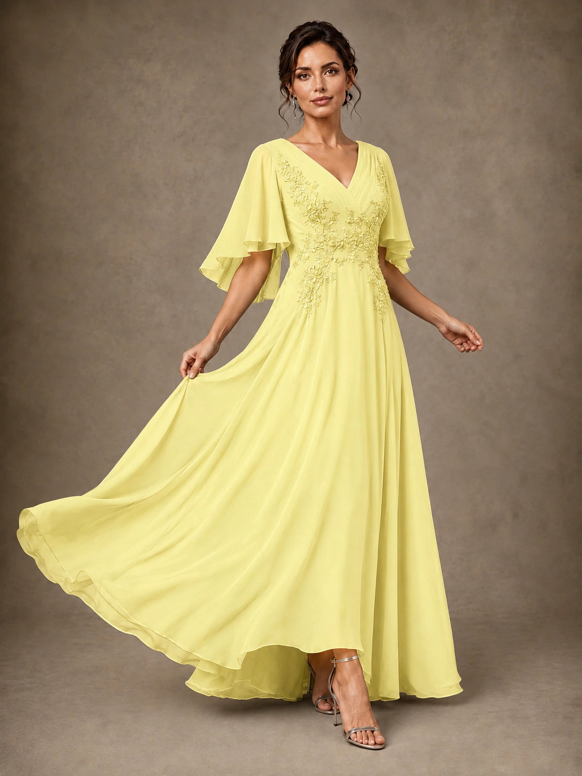 V-Neck Chiffon Lace Mother of the Bride Dress with Flutter Sleeves