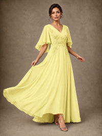 V-Neck Chiffon Lace Mother of the Bride Dress with Flutter Sleeves