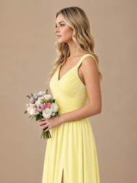 Pleated Chiffon V Neck Wedding Bridesmaid Dresses Floor Length with Slit
