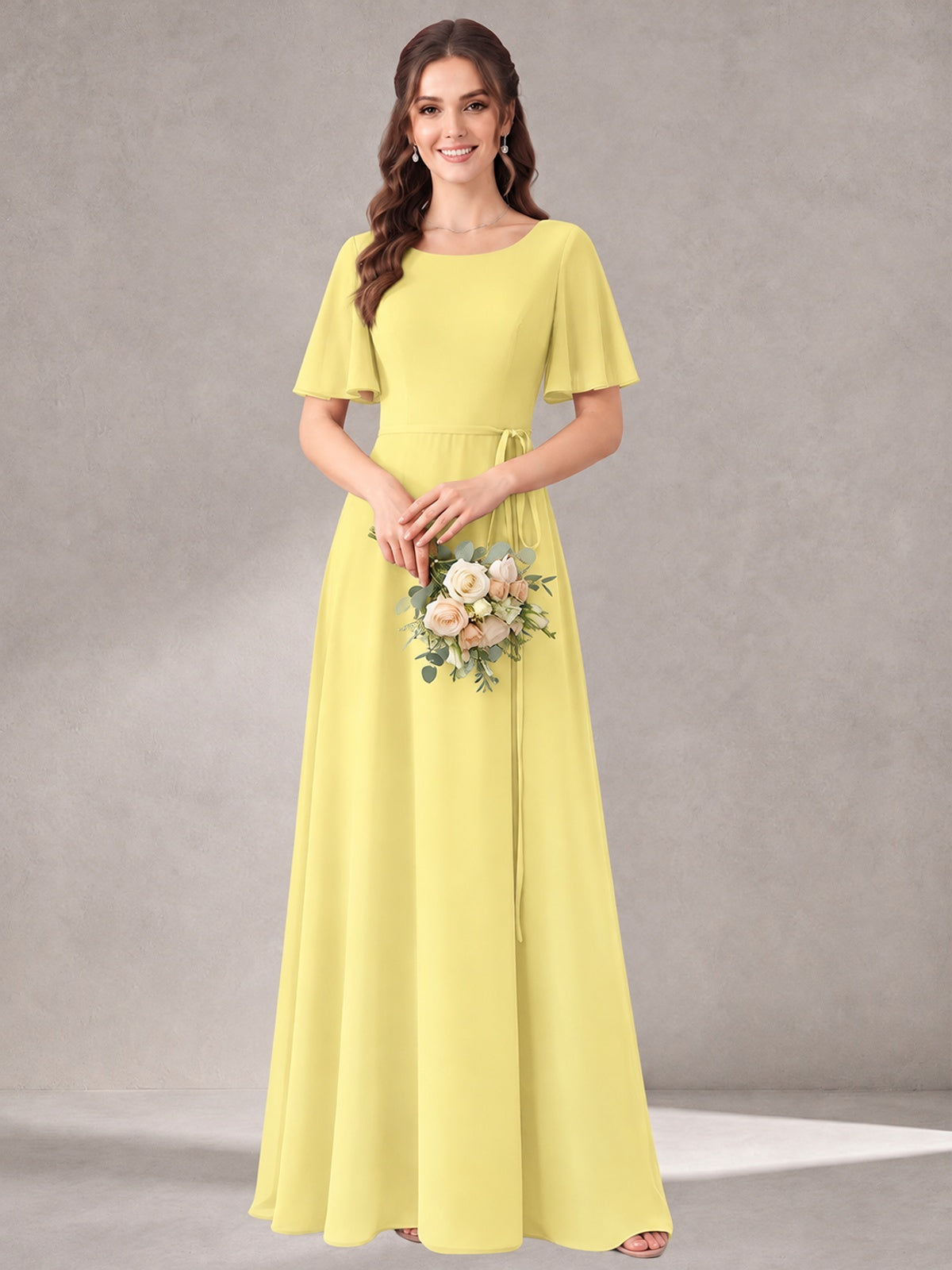 Scoop Neck A-line Chiffon Bridesmaid Dress with Flutter Sleeve & Belt