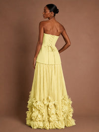 Strapless Pleated Floral Satin Formal Dress with Side Slit