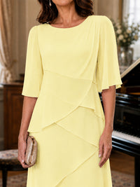 Asymmetric Draped Chiffon Mother of the Bride Dress with Flutter Sleeves