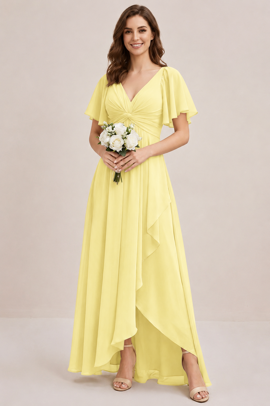 Dusty Blue Chiffon Bridesmaid Dress with Flutter Sleeves & High-Low Hem