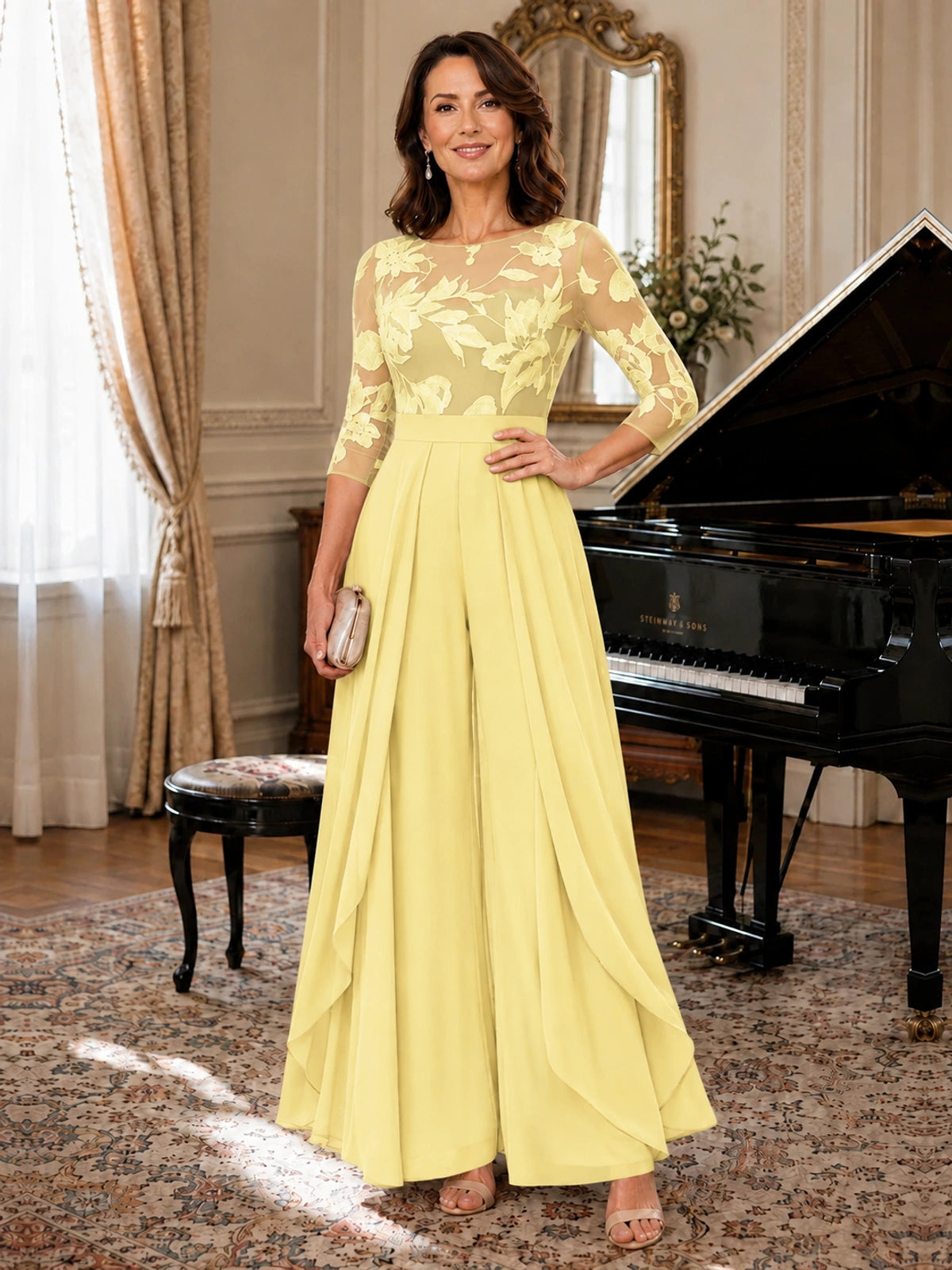 Lace Applique Wide-Leg Chiffon Mother of the Bride Jumpsuit