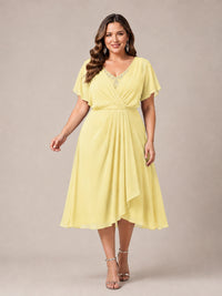 Navy Blue A-Line V-Neck Tea-Length Mother of the Bride Dress
