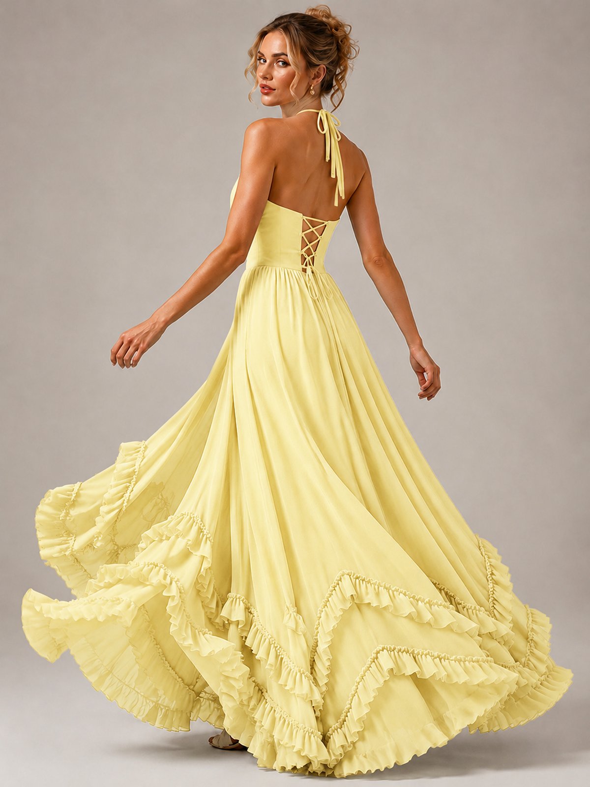 Halter V Neck Chiffon Formal Dress with Lace-Up Back and Ruffle Hem