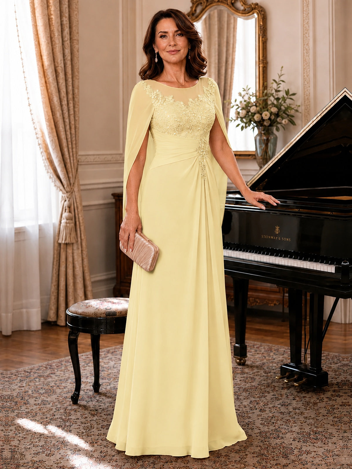 Elegant Applique Chiffon Mother of the Bride Dress with Cape Sleeves
