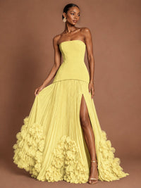 Strapless Pleated Floral Satin Formal Dress with Side Slit