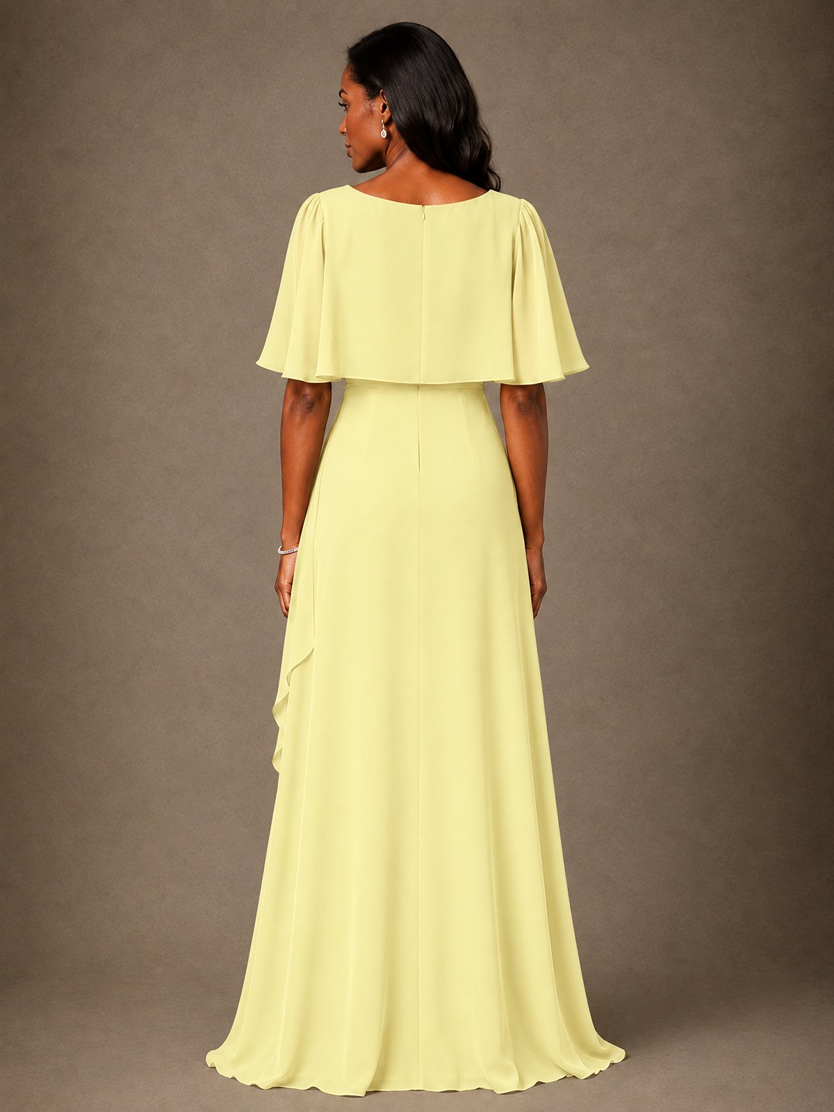 Taupe Chiffon A-Line Mother of the Bride Dress with Cape Sleeves