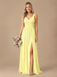 Pleated Chiffon V Neck Wedding Bridesmaid Dresses Floor Length with Slit