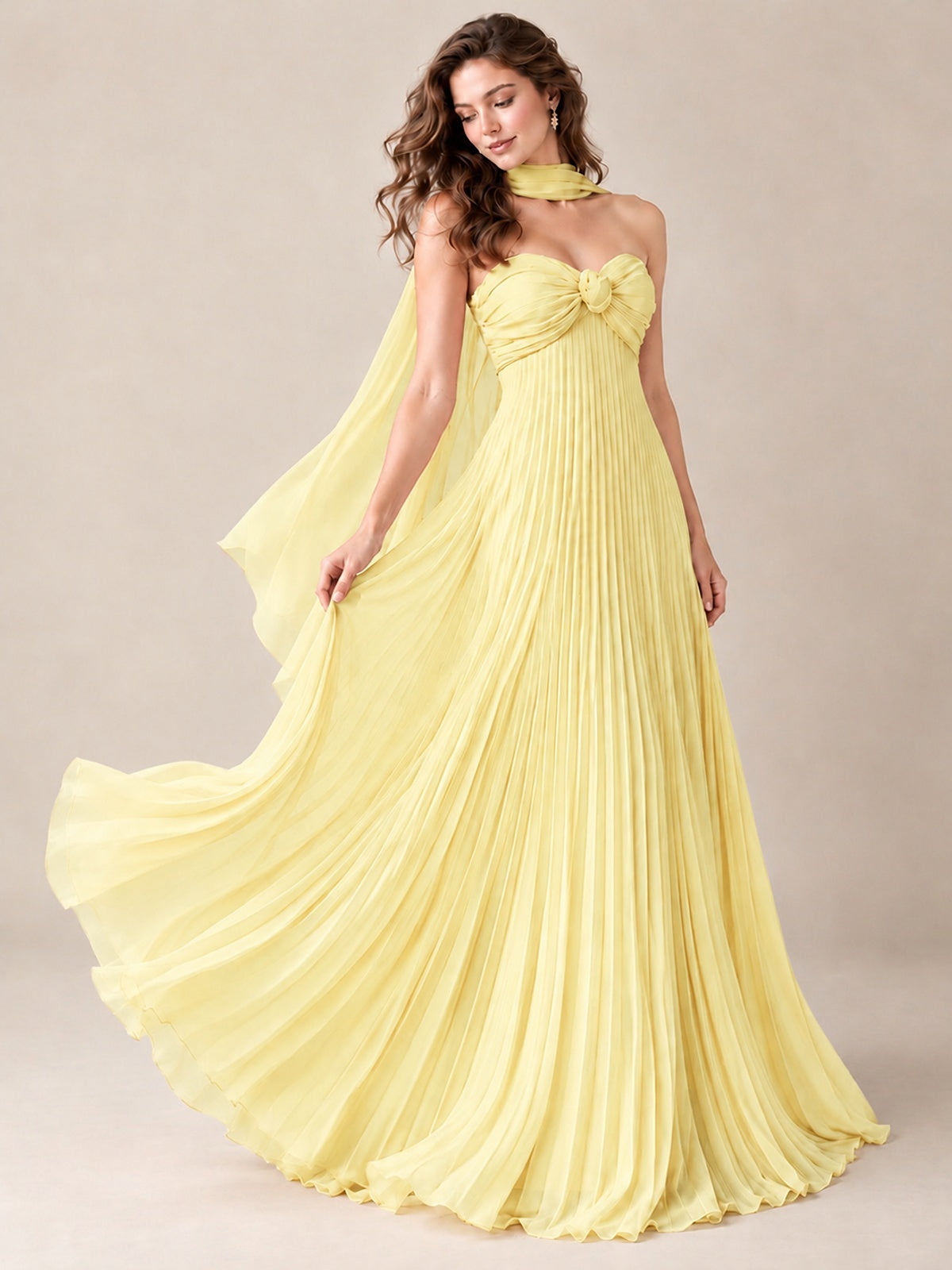 Sweetheart Neckline Pleated Prom Dress Strapless A-line Formal Dress with Flowy Scarf